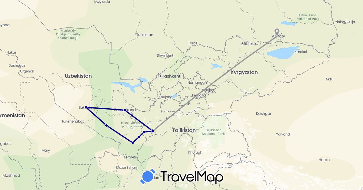 TravelMap itinerary: driving, plane in Kazakhstan, Tajikistan, Uzbekistan (Asia)